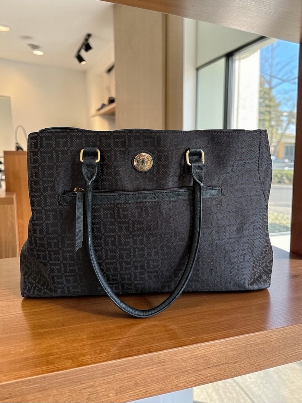 Tommy Hilfiger Black Brown Logo Jacquard Tote with Gold Emblem